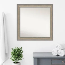 31"x31" Non-Beveled Wood Bathroom Wall Mirror Fleur Silver - Amanti Art: Modern Style, Square Shape, Wall Mount, Wood Frame -Amanti Art GUEST 0b7df9e5 e8f9 4d07 8291 399ad77b8764