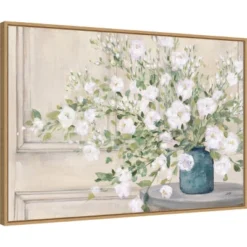 33" X 23" White Bouquet By Julia Purinton Framed Canvas Wall Art Print - Amanti Art