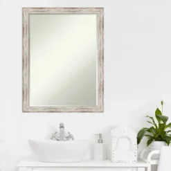 Amanti Art Distressed Cream Petite Bevel Wood Bathroom Wall Mirror 26.5 X 20.5 In. -Amanti Art GUEST 412db744 0575 4b6c a853 88d8b573796e