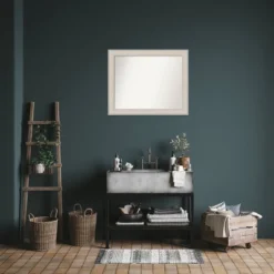 33"x27" Non-Beveled Cottage Wood Bathroom Wall Mirror White/Silver - Amanti Art: Modern Rectangular Design, Wall Mounted, Wood Frame -Amanti Art GUEST 56c77729 d8ba 496c 83b9 1ebbaefa3eae