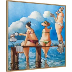 30" X 30" Tea Break On The Jetty By Ronald West Framed Canvas Wall Art Print - Amanti Art