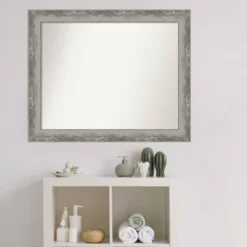 33" X 27" Non-Beveled Waveline Silver Narrow Bathroom Wall Mirror - Amanti Art -Amanti Art GUEST 9e4d8db4 976e 48b5 b2f2 aac9b57d7e90