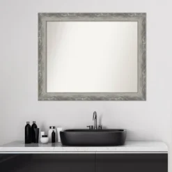 33" X 27" Non-Beveled Waveline Silver Narrow Bathroom Wall Mirror - Amanti Art -Amanti Art GUEST b9746f67 6cb5 4b10 8589 939ca5d9fcbf
