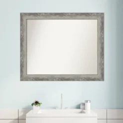 33" X 27" Non-Beveled Waveline Silver Narrow Bathroom Wall Mirror - Amanti Art -Amanti Art GUEST db1d63a6 8c58 4c89 9127 c1a81cb4b8a2